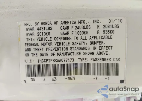 2010 Honda Accord 2.4 Ex-L из США, поврежденный, VIN 1HGCP2F8XAA077473